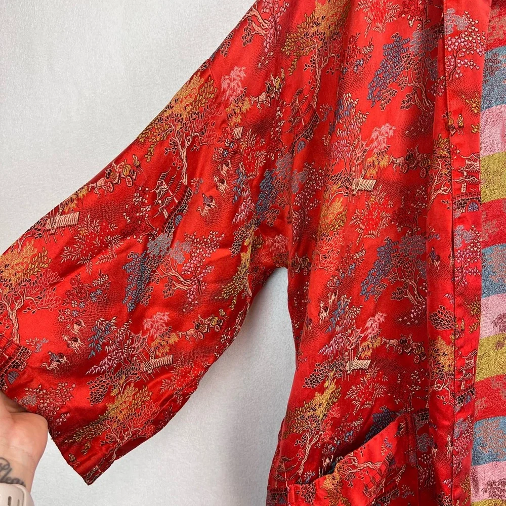 Chinese Silk Traditional Robe Red Size Large Tie Waist Long Kimono - Picture 6 of 11